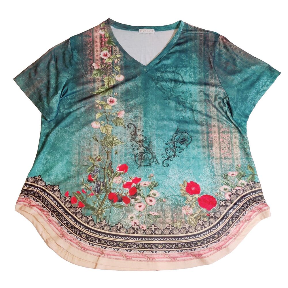 Women's Plus Size 3XL Short Sleeve Floral Print V Neck Tunic Casual Shirt